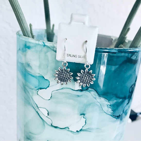 Sterling Silver Dangling Sunflower Earrings, Silver Earring, Flower Earrings - Picture 5 of 8